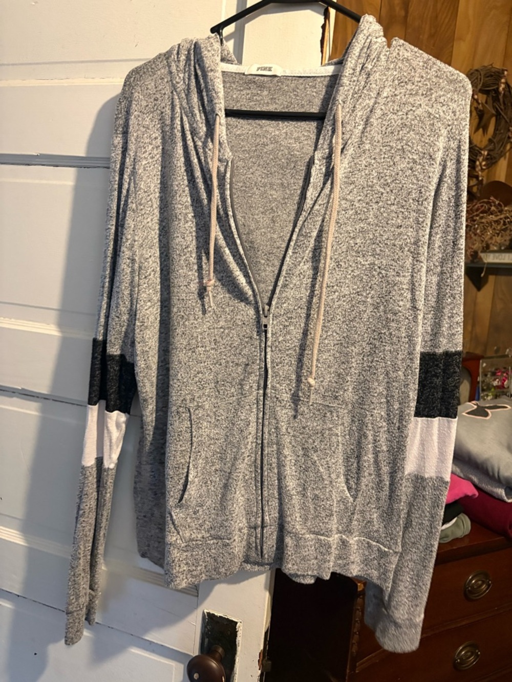PINK Victoria's Secret Gray Zip Hoodie with Black & White Sleeve Stripes